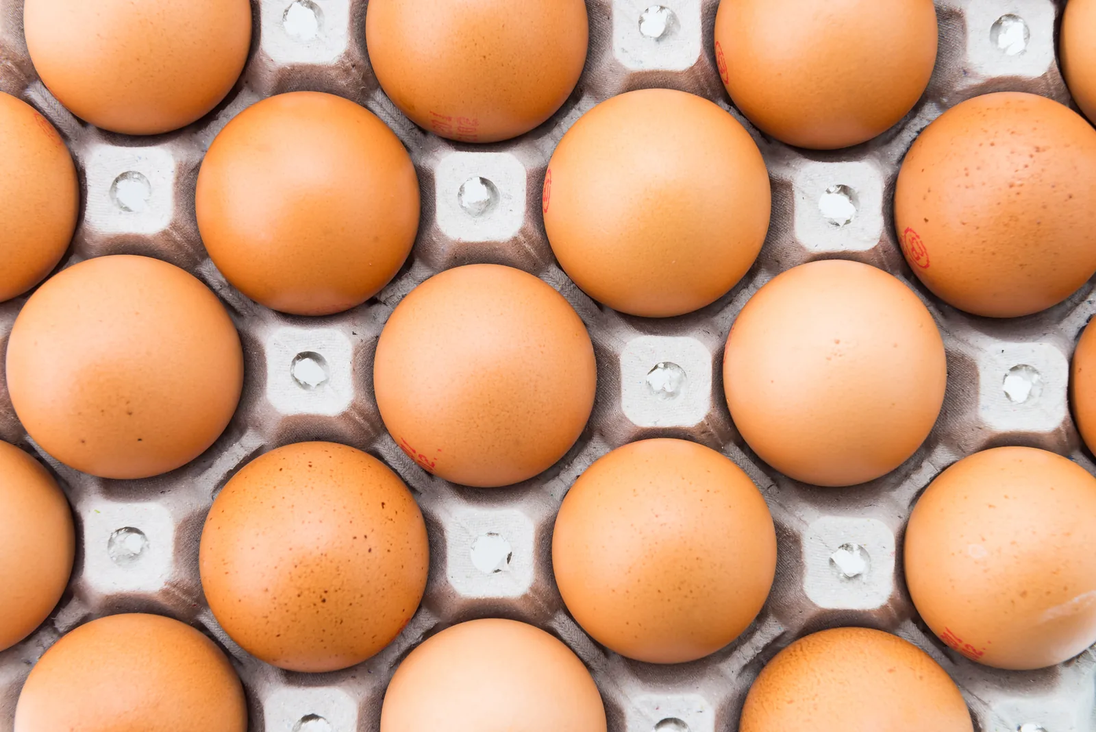 Huevos marrones en una bandeja, vistos desde arriba