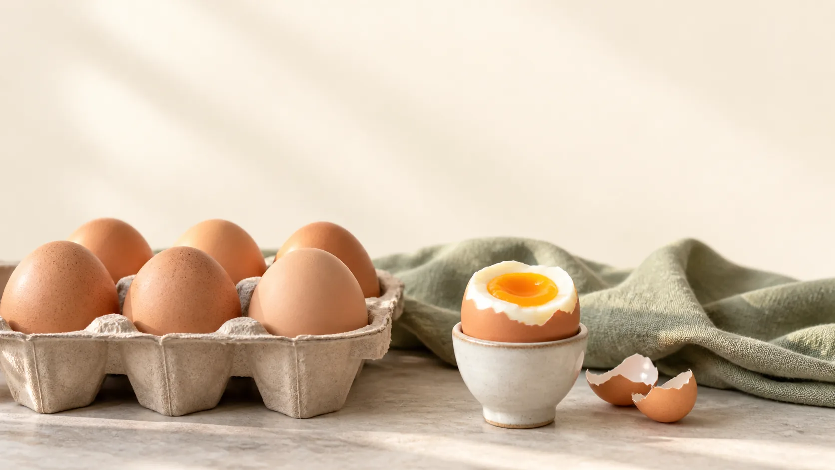 Huevos marrones en bandeja y un huevo servido en huevera