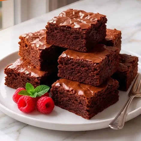 Brownies de cacao apilados en un plato con frambuesas