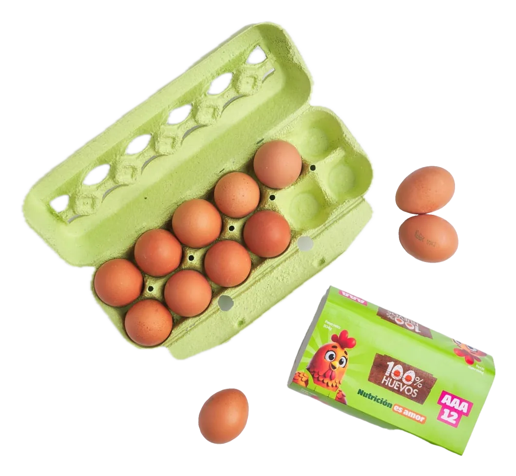Empaque de cartón verde de 100% Huevos abierto, con huevos y su etiqueta