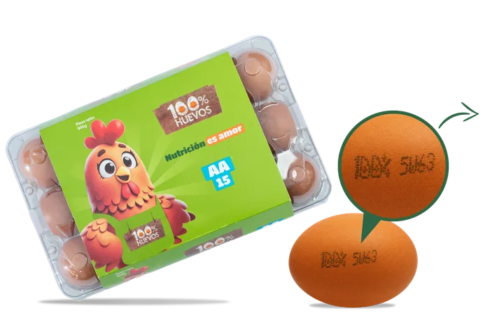 Ejemplo de marcación en la cáscara junto a un empaque de huevos