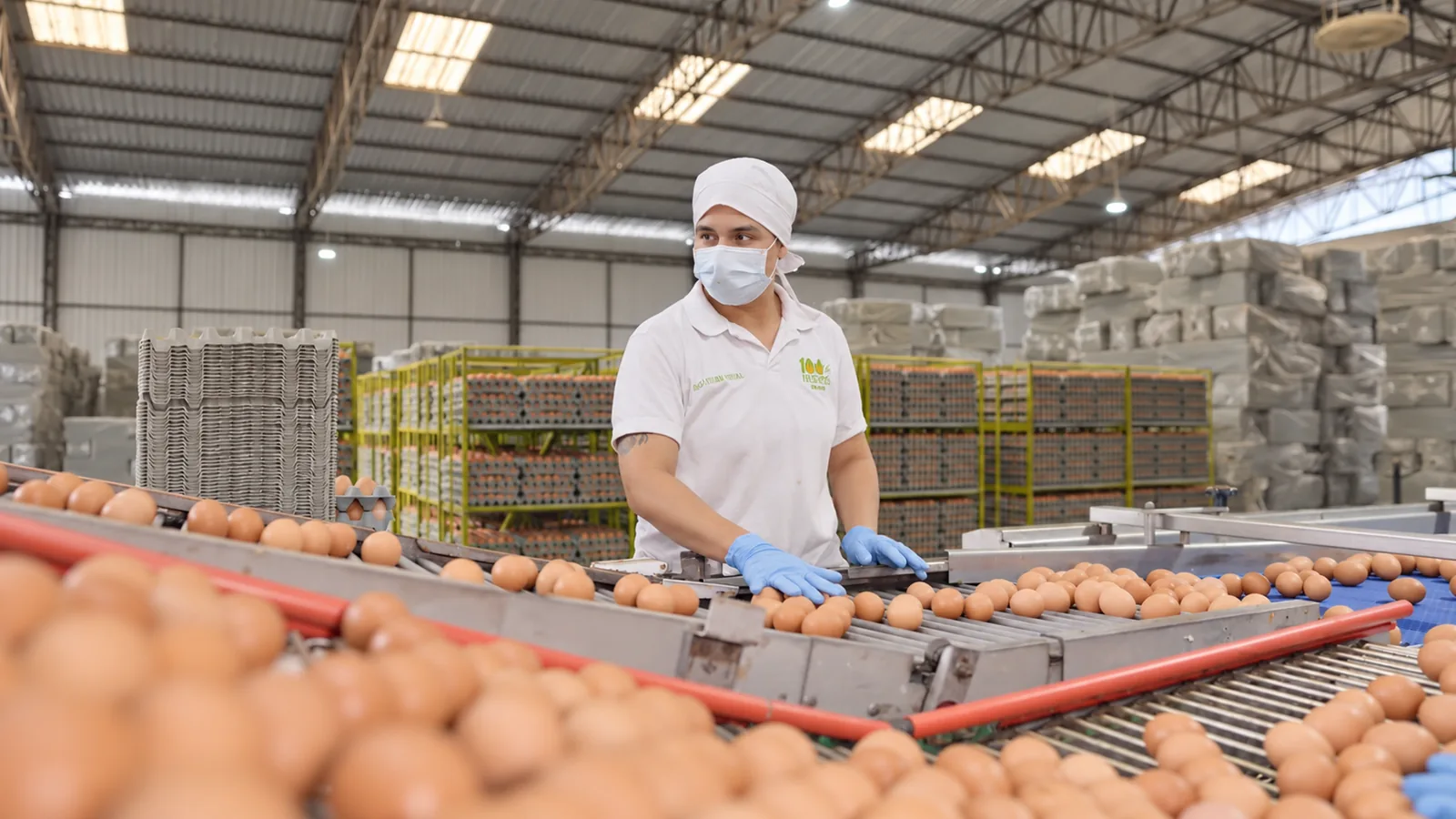 Colaborador con gorro y tapabocas revisando huevos en la línea de control de calidad